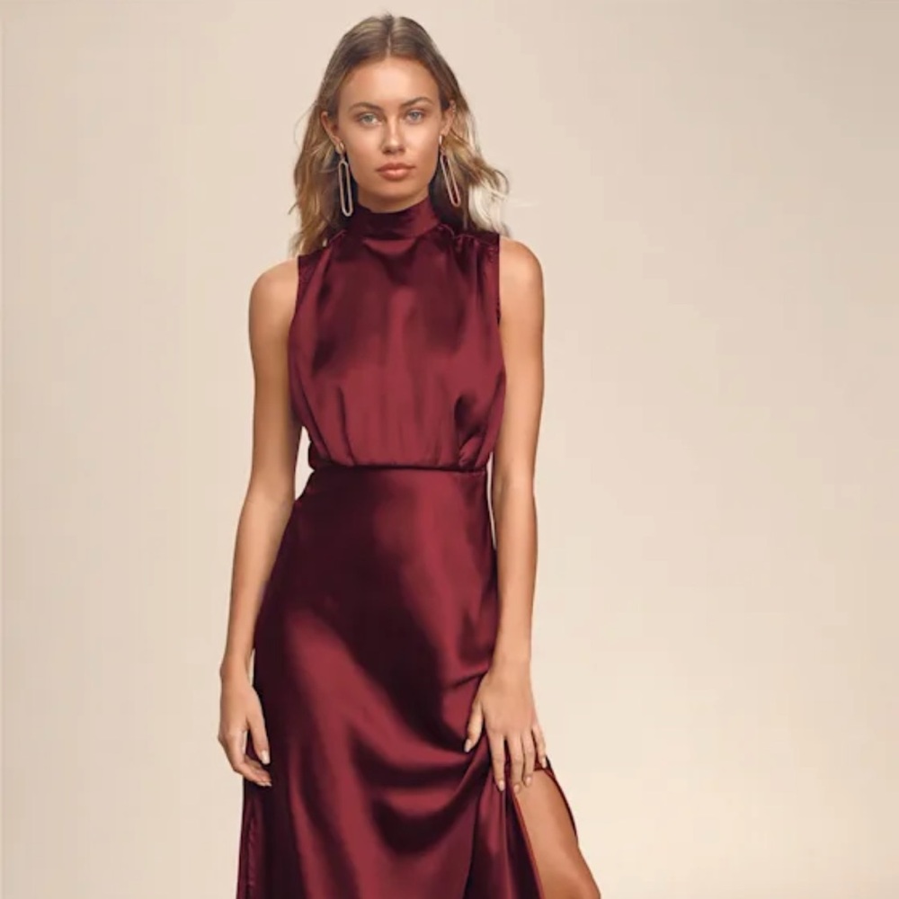 Lulu's Classic Elegance Wine Satin Maxi Dress
